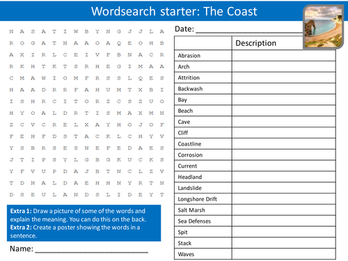 Geography The Coast KS3 GCSE Wordsearch Crossword Anagram Alphabet Keyword Starter Cover Lesson