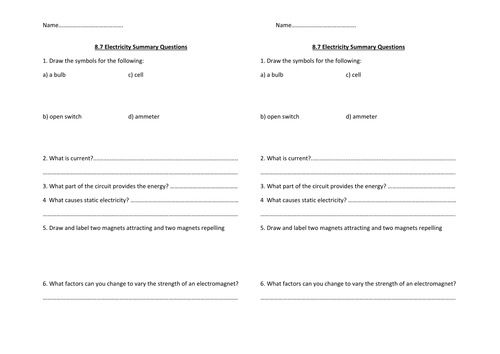 Y8 Electricity Summary questions