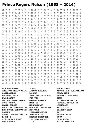 Prince Rogers Nelson Word Search by sfy773 | Teaching Resources