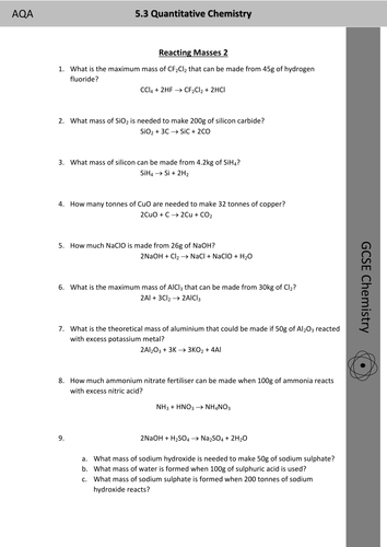 GCSE and AS Chemistry Reacting Masses and Percentage Yield Worksheet