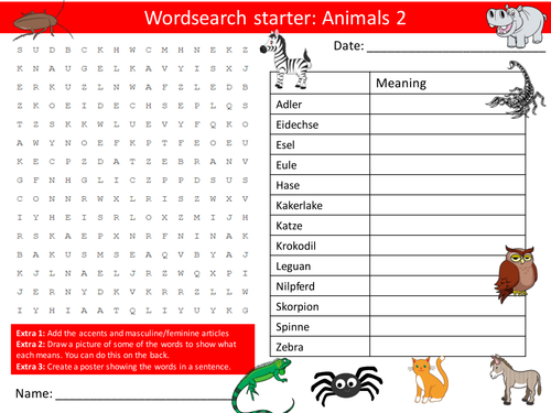 German Animals 2 Keywords KS3 GCSE Starter Activities Wordsearch, Anagrams Alphabet Crossword Cover