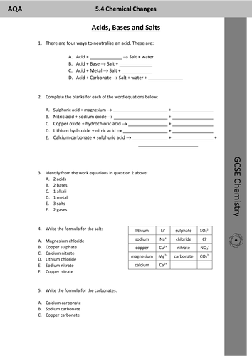 GCSE Chemistry Acids, Bases and Salts Worksheet