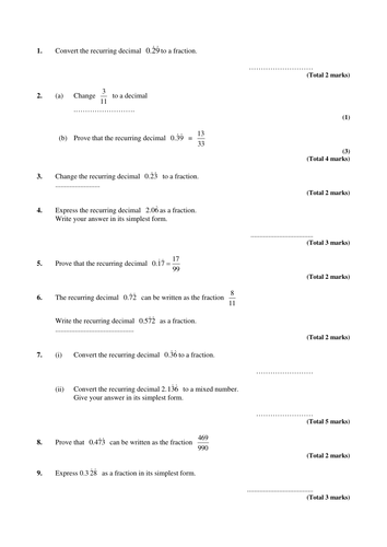 Terminating and Recurring Decimals - Recurring Decimals to Fractions