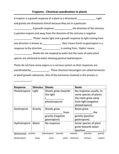 Chemical coordination in plants - 3 worksheets + starter - Tropisms