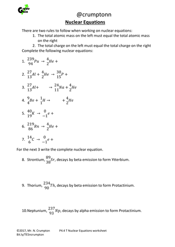 GCSE Physics - Nuclear equations worksheet