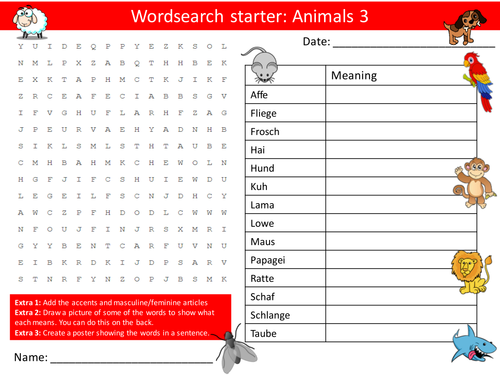 German Animals 3 Keywords KS3 GCSE Starter Activities Wordsearch, Anagrams Alphabet Crossword Cover