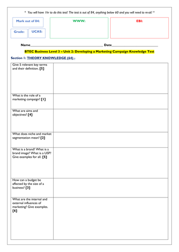 BTEC L3 Business Developing a Marketing Campaign KNOWLEDGE TEST ...