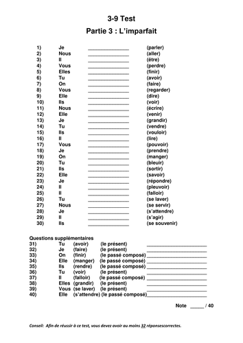 French: Stage 3-9: Test on the imperfect tense