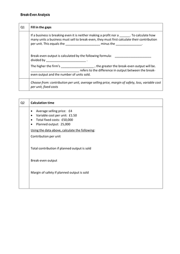 A Level Business Break Even Worksheet & Answers