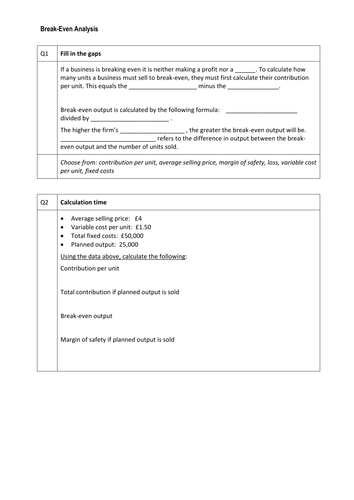 A Level Business Break Even Worksheet Answers Teaching Resources