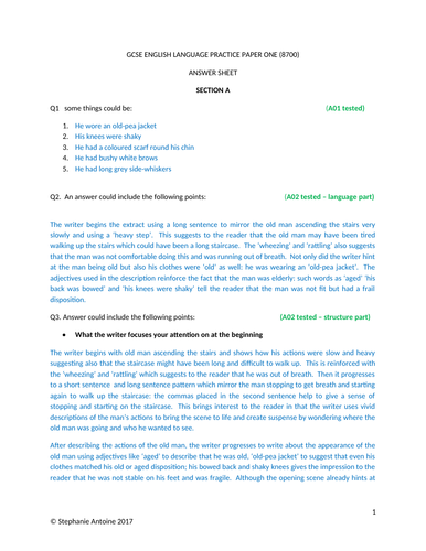 GCSE ENGLISH LANGUAGE PRACTICE PAPER ONE (2) ANSWER SHEET