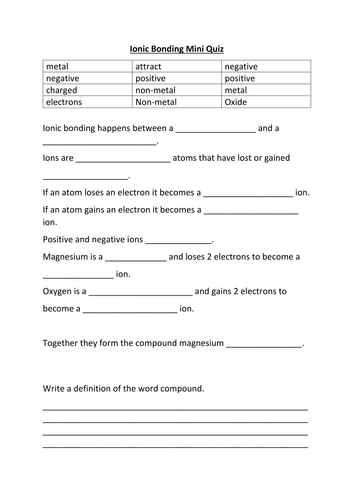 Plenary Fill the gap worksheet for ionic bonding