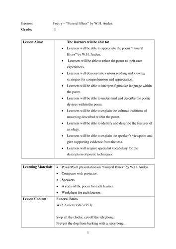 W.H Auden Funeral Blues Lesson Plan (Socratic Method)