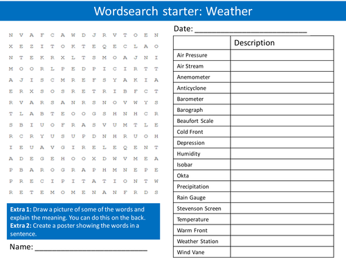 Geography The Weather KS3 GCSE Wordsearch Crossword Anagram Alphabet Keyword Starter Cover Lesson