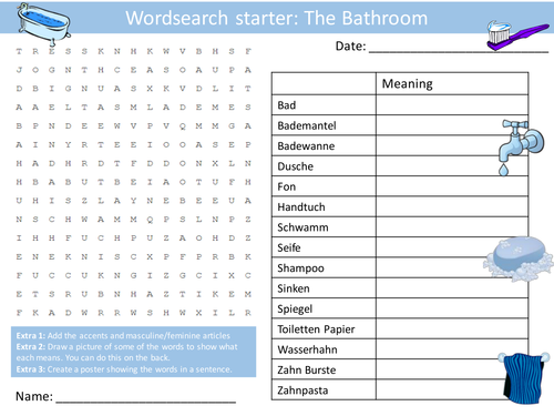 German Bathroom Keywords KS3 GCSE Starter Activities Wordsearch, Anagrams Alphabet Crossword Cover