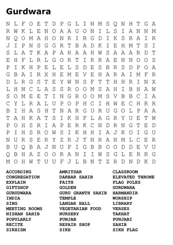 Gurdwara Word Search