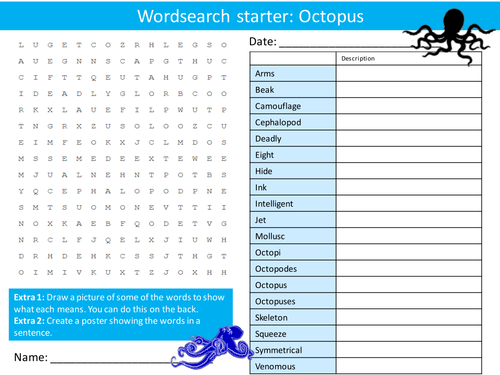 Animal: The Octopus Wordsearch Crossword Anagram Alphabet Keyword Starter Cover Lesson Homework