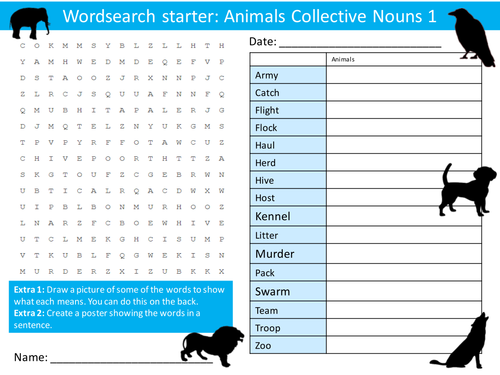 Collective Nouns Animals 1 Wordsearch Crossword Anagram Alphabet Keyword Starter Cover Homework