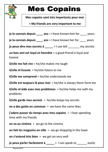 French - Friends Vocabulary Sheet (Mes copains/Mes amis)