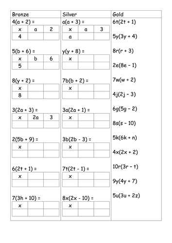 exercise table worksheet multiplication brackets grid Expanding single Differentiated by method