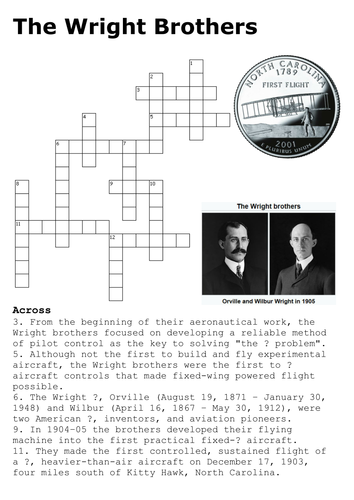 The Wright Brothers Crossword Teaching Resources
