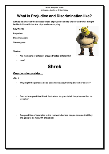 for worksheets school students elementary Pupil Prejudice  Worksheet using and  Discrimination Shrek