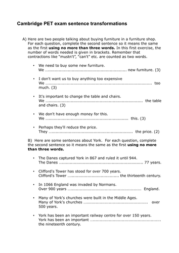 english b cambridge test exam practice sentence by Cambridge PET transformation