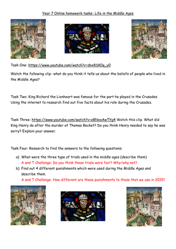 Medieval Life Homework Tasks