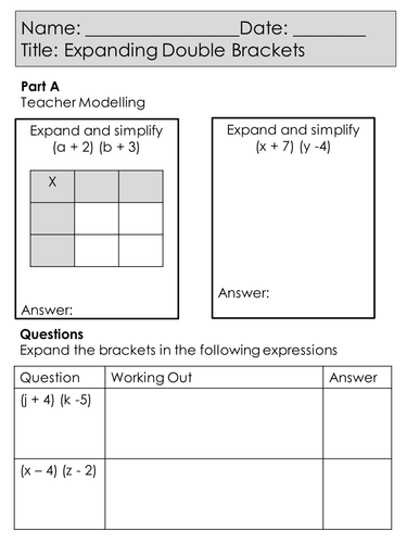 4 Worksheets - New GCSE Mathematics Specification - Foundation - Expanding Double Brackets