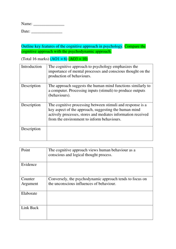 Psychology AQA (New Spec) A Level 16 mark Question Writing Frames (Approaches, Biopsychology)