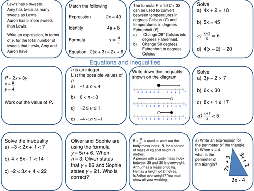 GCSE 1-9 Foundation equations and inequalities revision mat