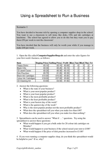 Spreadsheet Profit and Loss Activity