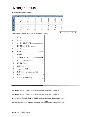 Spreadsheet Worksheet on Writing Formulas