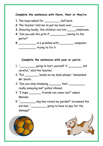 There, there or they're and your or you're homophone worksheet.