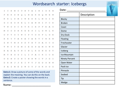 Geography Icebergs KS3 GCSE Wordsearch Crossword Anagram Alphabet Keyword Starter Cover Lesson