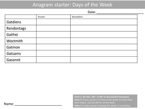 10 Anagram Sheets German Language Keyword Starters Wordsearch Homework or Cover Lesson