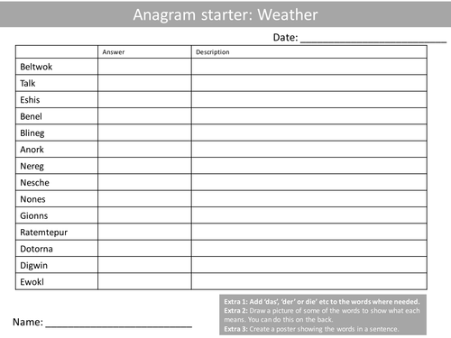 10 Anagram Sheets 2 German Language Keyword Starters Wordsearch Homework or Cover Lesson