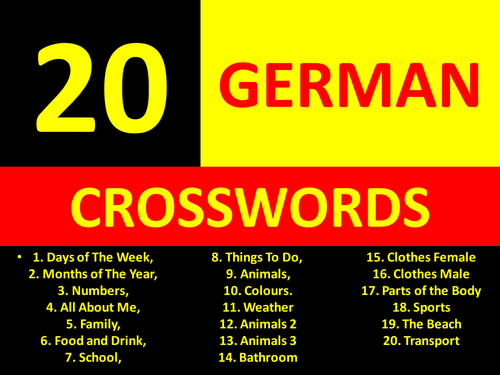 20 Crosswords German Language Keyword Starters Wordsearch Homework or Cover Lesson