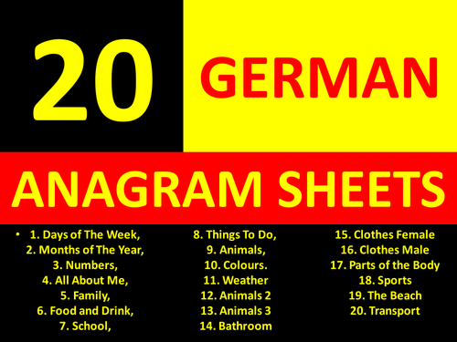 20 Anagram Sheets German Language Keyword Starters Wordsearch Homework or Cover Lesson