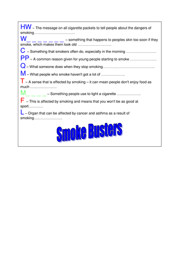 Smoking Game using the blockbusters theme, KS 2, 3 & 4,