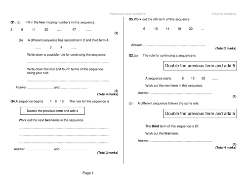 Sequences exam questions - foundation