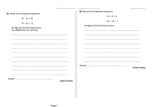 Simultaneous Equations Exam Questions