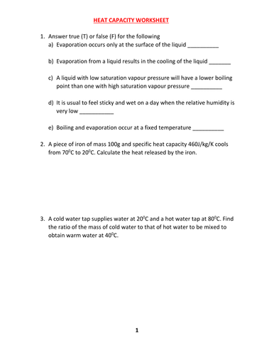 HEAT CAPACITY WORKSHEET WITH ANSWERS