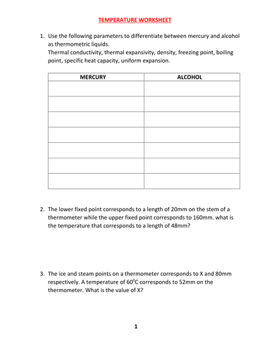 TEMPERATURE CALCULATION WORKSHEET WITH ANSWERS