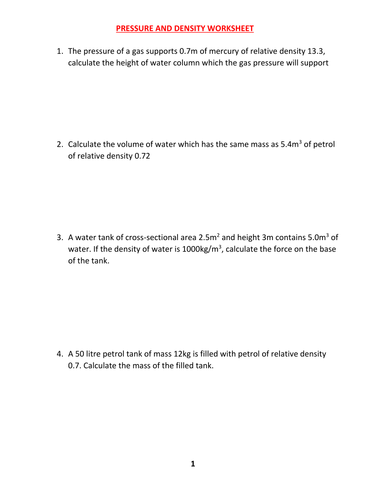 DENSITY AND PRESSURE WORKSHEET WITH ANSWERS