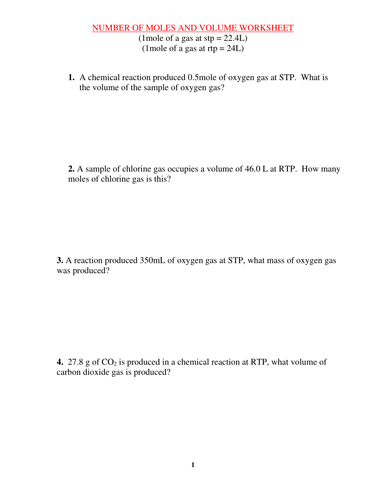 MOLES AND VOLUME WORKSHEET WITH ANSWERS | Teaching Resources