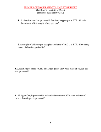 MOLES AND VOLUME WORKSHEET WITH ANSWERS