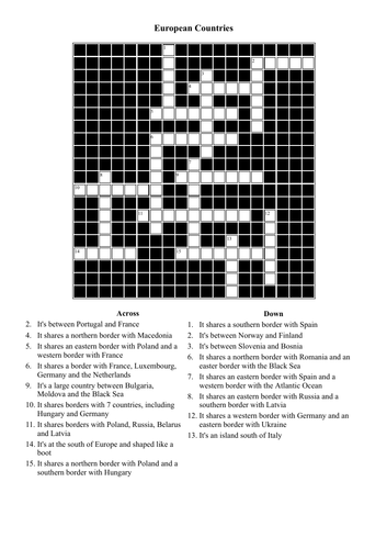 Crossword Puzzle European Countries (Geography) Teaching Resources