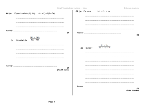 Simplifying algebraic fractions - Higher exam questions