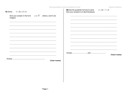 Solving quadratics using the quadratic formula exam questions